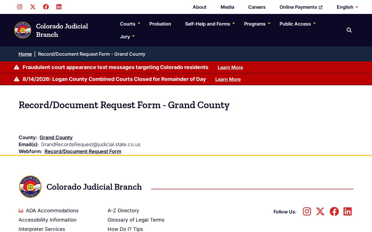 Grand County docket search local court record request contact