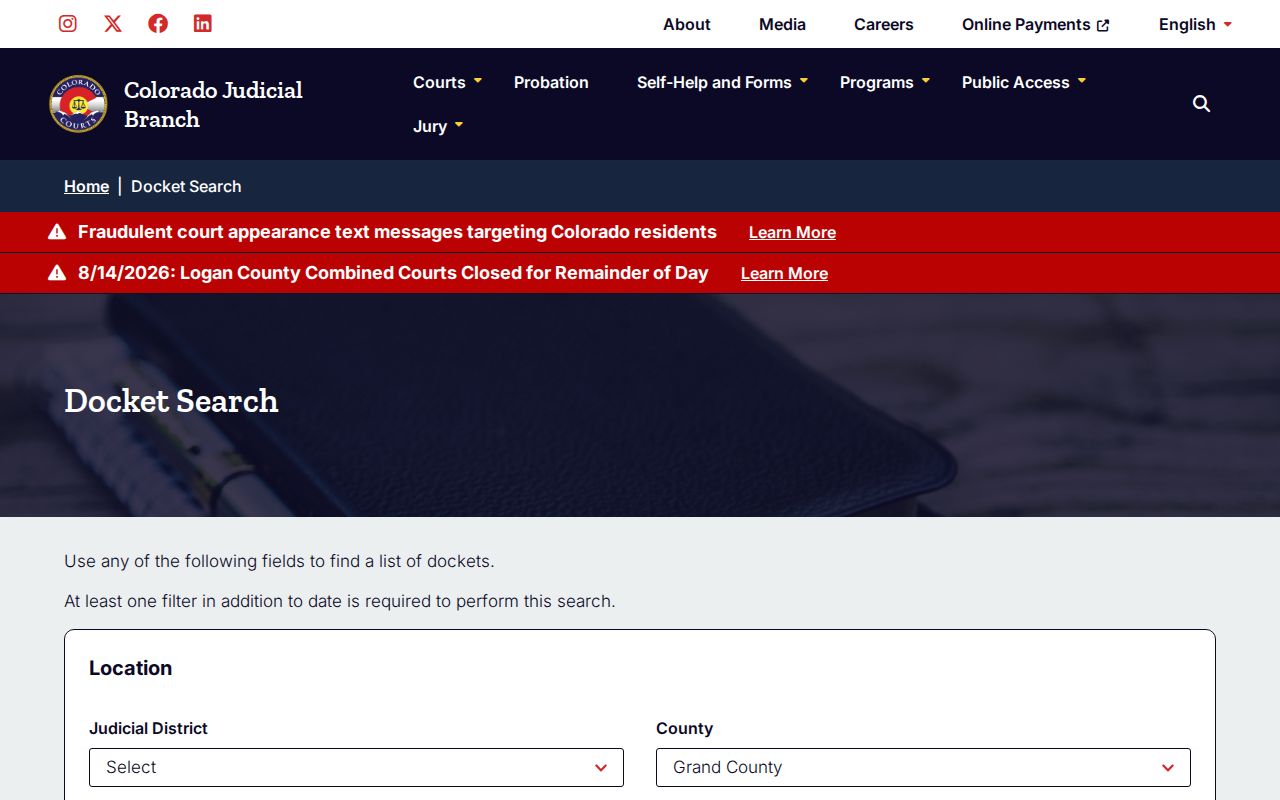 Grand County court schedule prefiltered docket search